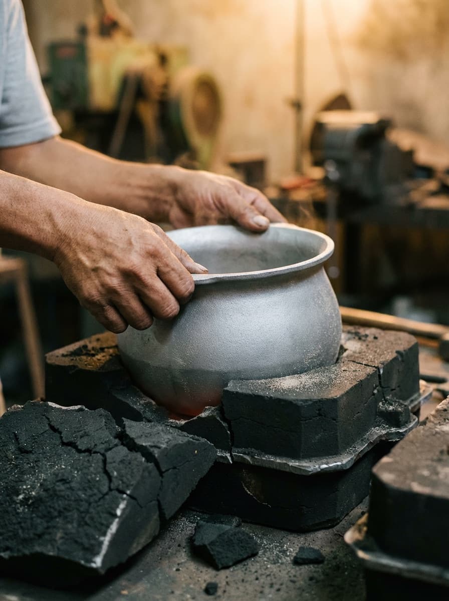 Worker's hands lifting a freshly cast kaldero from its sand mold