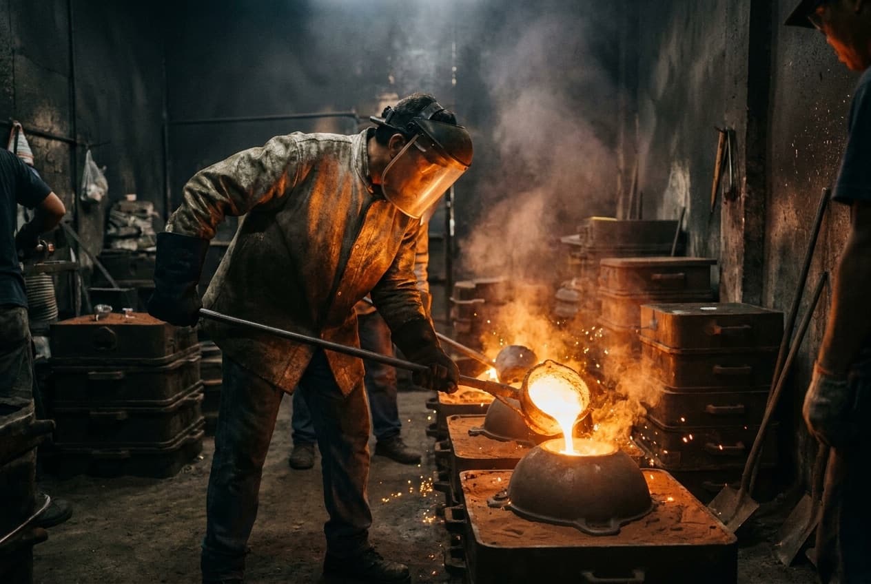 Molten aluminum pour during kaldero casting at the Anjene foundry