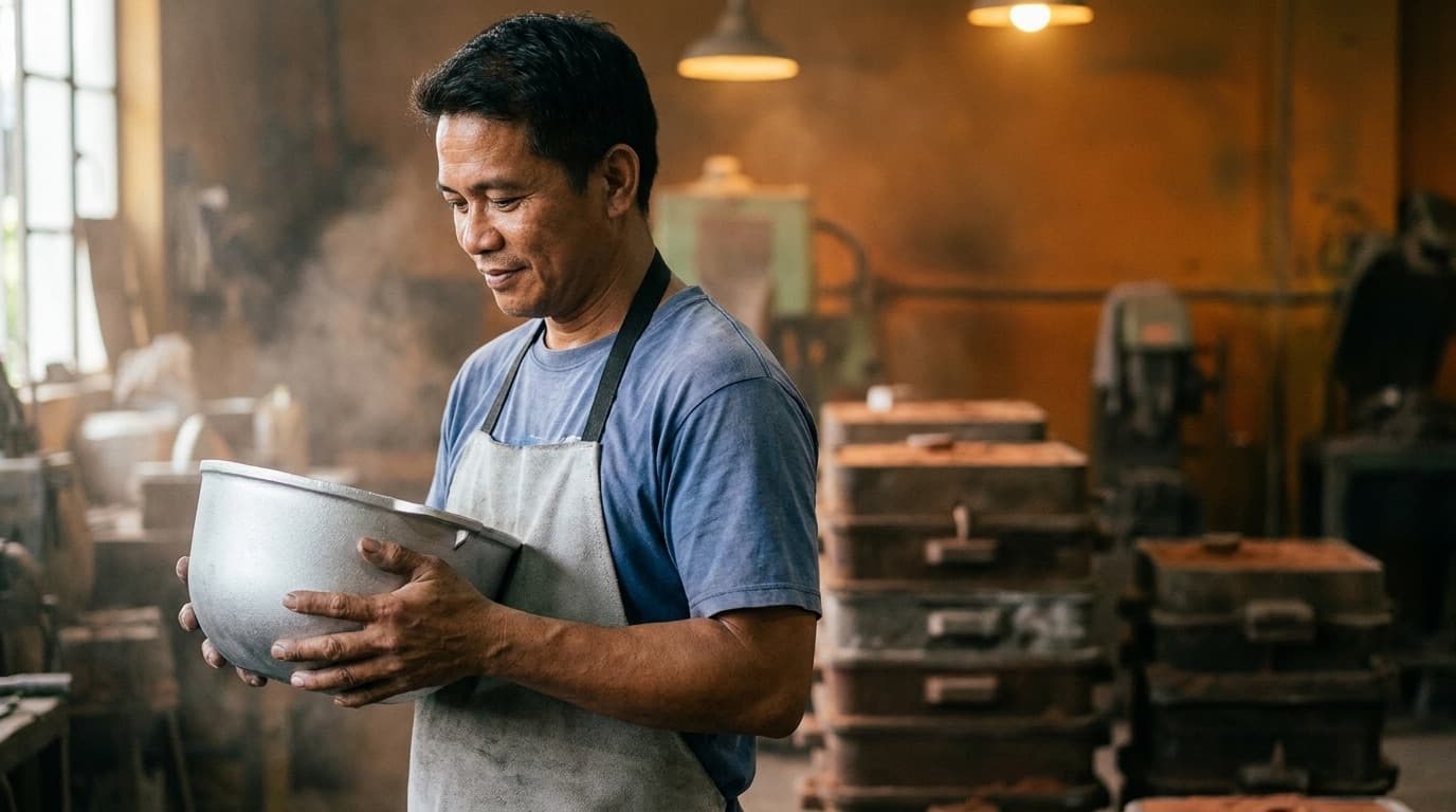 Anjene craftsman holding a freshly finished cast-aluminum kaldero